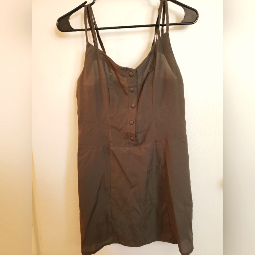 Dark Army Green sleeveless midi dress by CORPUS, silky, sheer, Size Small